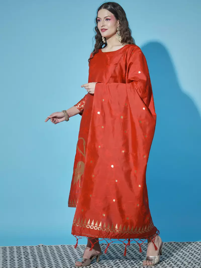 Floral printed cotton silk round neck kurta trouser & dupatta set