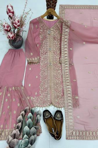 Lite pink georgette party wear embroidery sharara suit set