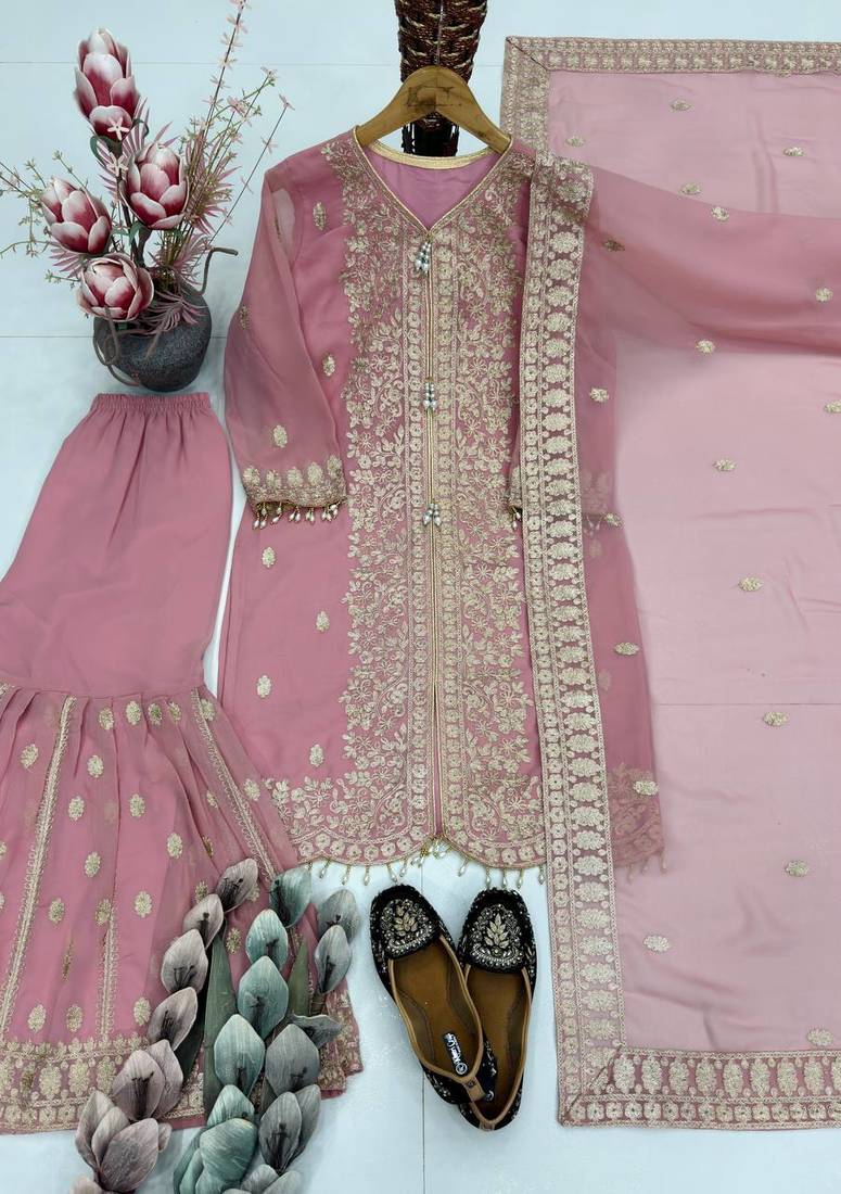 Lite pink georgette party wear embroidery sharara suit set
