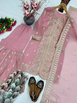 Lite pink georgette party wear embroidery sharara suit set 4