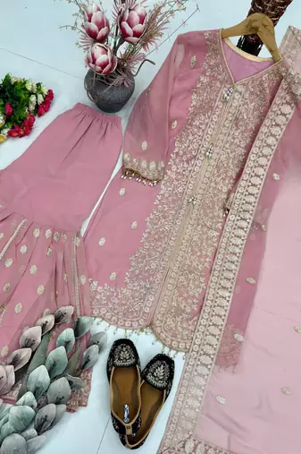 Lite pink georgette party wear embroidery sharara suit set