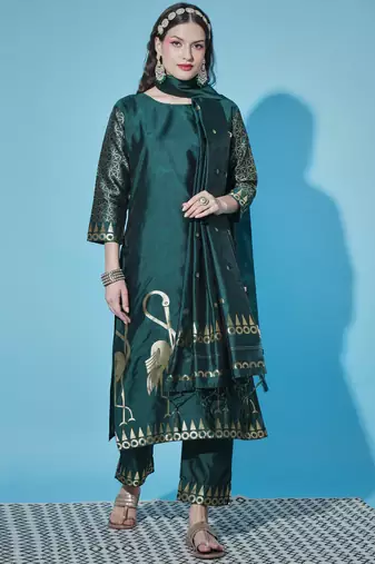 Floral printed cotton silk round neck kurta trouser & dupatta set