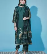 Floral printed cotton silk round neck kurta trouser & dupatta set