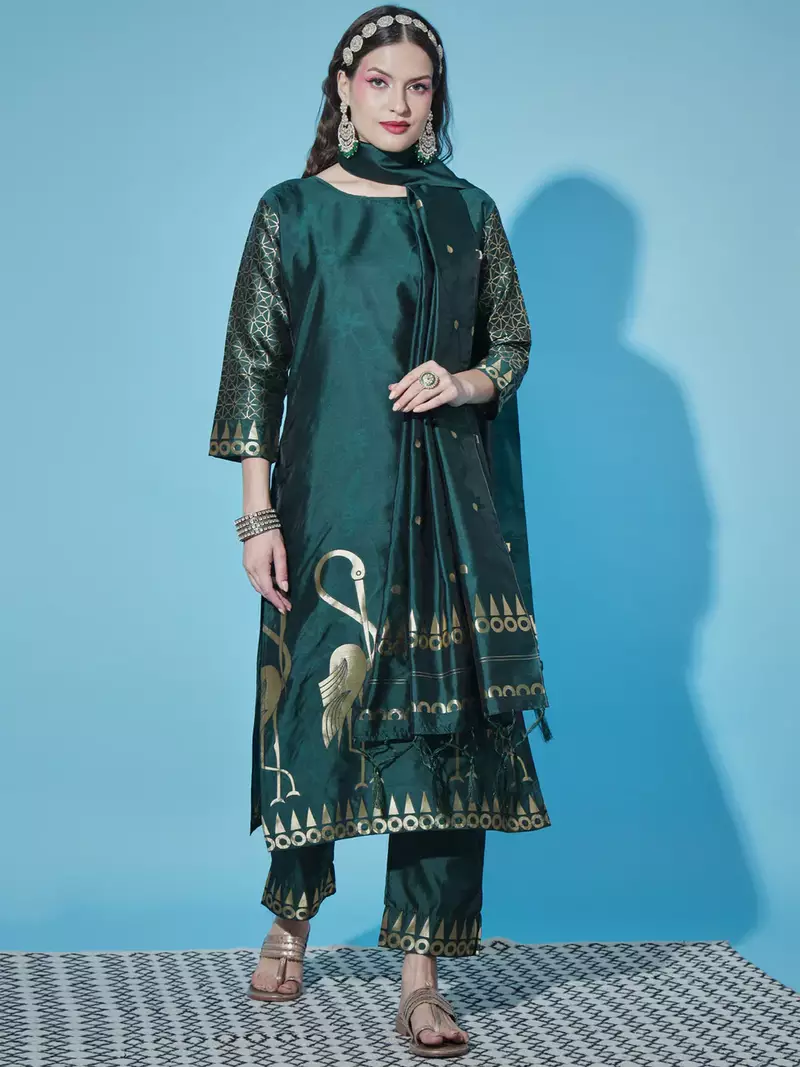 Floral printed cotton silk round neck kurta trouser & dupatta set