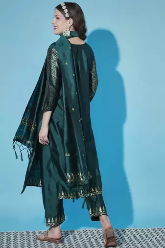 Floral printed cotton silk round neck kurta trouser & dupatta set
