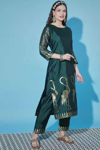 Floral printed cotton silk round neck kurta trouser & dupatta set