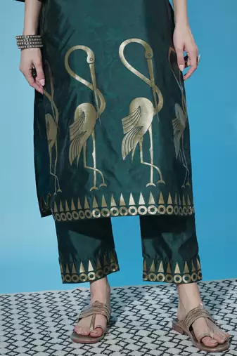 Floral printed cotton silk round neck kurta trouser & dupatta set