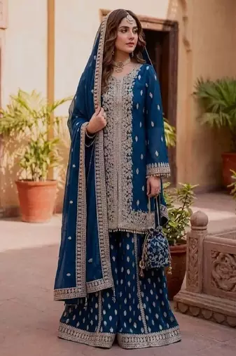 Dark blue georgette party wear embroidery sharara suit set