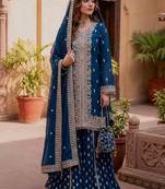 Dark blue georgette party wear embroidery sharara suit set