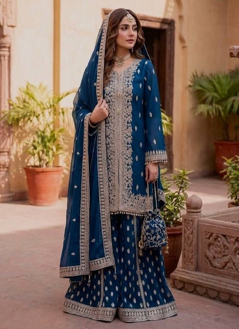 Dark blue georgette party wear embroidery sharara suit set
