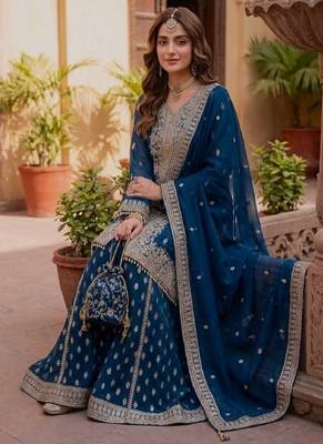 Dark blue georgette party wear embroidery sharara suit set 4