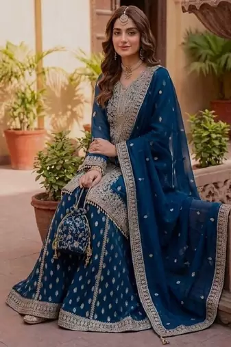Dark blue georgette party wear embroidery sharara suit set