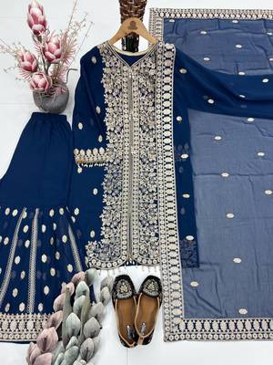 Dark blue georgette party wear embroidery sharara suit set 5