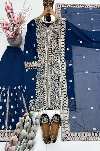 Dark blue georgette party wear embroidery sharara suit set