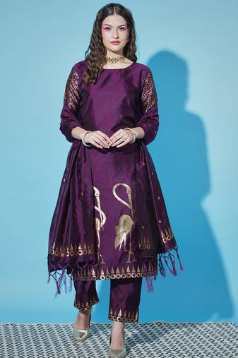 Floral printed cotton silk round neck kurta trouser & dupatta set