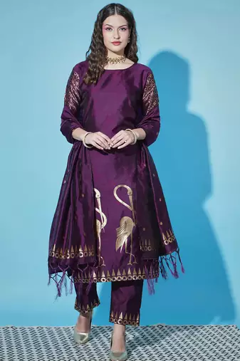 Floral printed cotton silk round neck kurta trouser & dupatta set