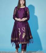 Floral printed cotton silk round neck kurta trouser & dupatta set