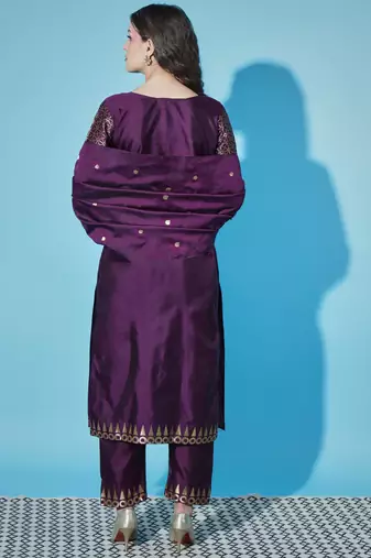 Floral printed cotton silk round neck kurta trouser & dupatta set