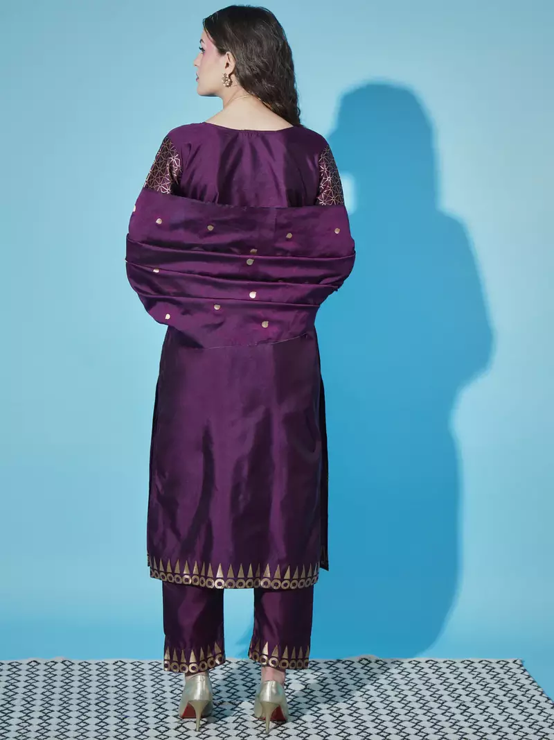 Floral printed cotton silk round neck kurta trouser & dupatta set