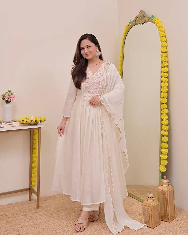 Women's Gorgeous Embroidery Work Chanderi Sik Fabric Flared Anarkali Pant and Dupatta Set