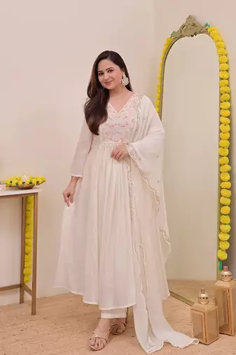 Women's Gorgeous Embroidery Work Chanderi Sik Fabric Flared Anarkali Pant and Dupatta Set