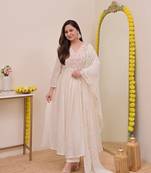 Women's Gorgeous Embroidery Work Chanderi Sik Fabric Flared Anarkali Pant and Dupatta Set