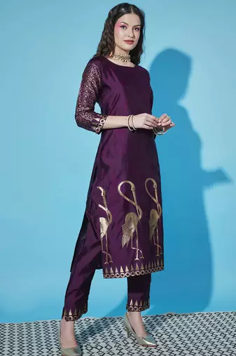 Floral printed cotton silk round neck kurta trouser & dupatta set