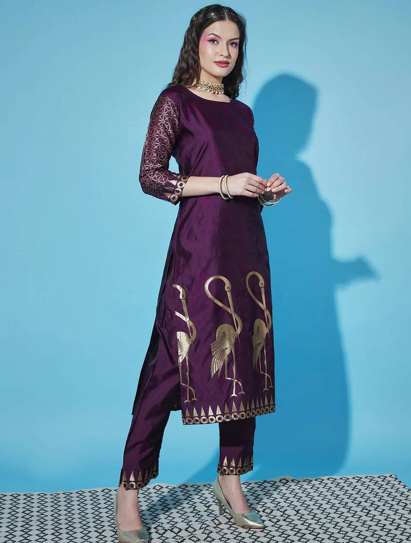 Floral printed cotton silk round neck kurta trouser & dupatta set