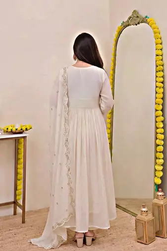 Women's Gorgeous Embroidery Work Chanderi Sik Fabric Flared Anarkali Pant and Dupatta Set