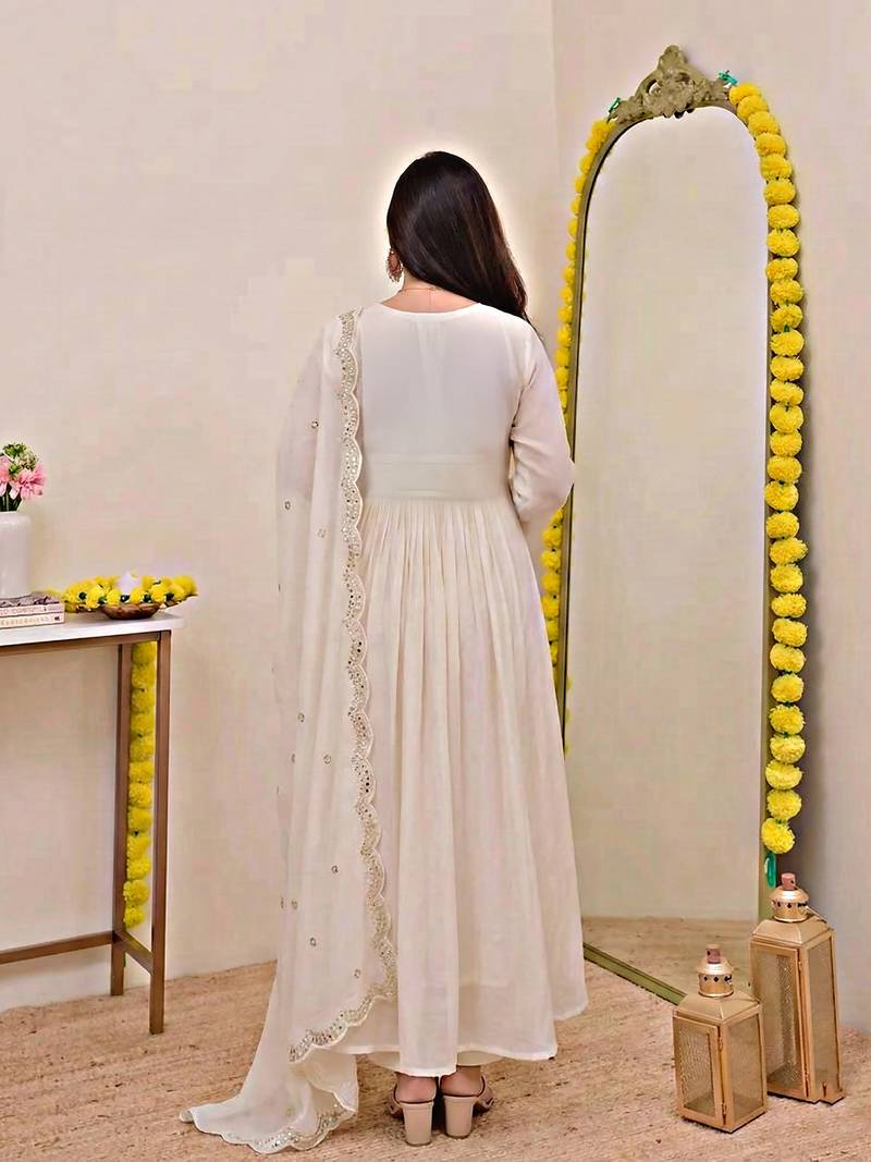 Women's Gorgeous Embroidery Work Chanderi Sik Fabric Flared Anarkali Pant and Dupatta Set