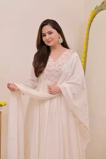 Women's Gorgeous Embroidery Work Chanderi Sik Fabric Flared Anarkali Pant and Dupatta Set