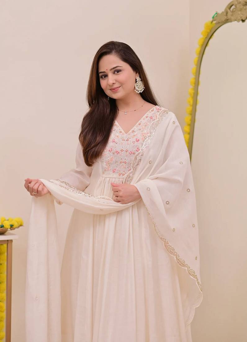 Women's Gorgeous Embroidery Work Chanderi Sik Fabric Flared Anarkali Pant and Dupatta Set
