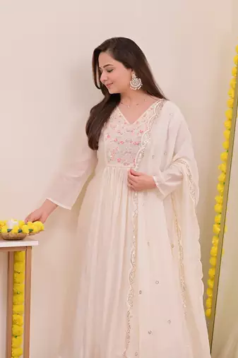 Women's Gorgeous Embroidery Work Chanderi Sik Fabric Flared Anarkali Pant and Dupatta Set