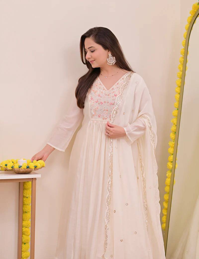 Women's Gorgeous Embroidery Work Chanderi Sik Fabric Flared Anarkali Pant and Dupatta Set