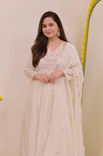 Women's Gorgeous Embroidery Work Chanderi Sik Fabric Flared Anarkali Pant and Dupatta Set