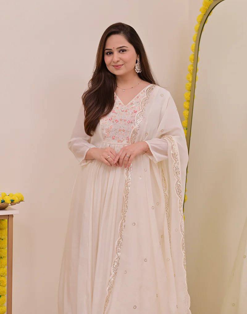 Women's Gorgeous Embroidery Work Chanderi Sik Fabric Flared Anarkali Pant and Dupatta Set