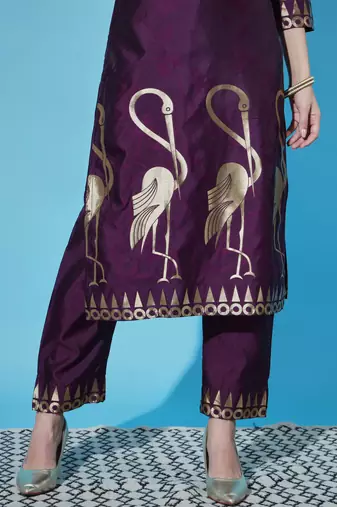 Floral printed cotton silk round neck kurta trouser & dupatta set