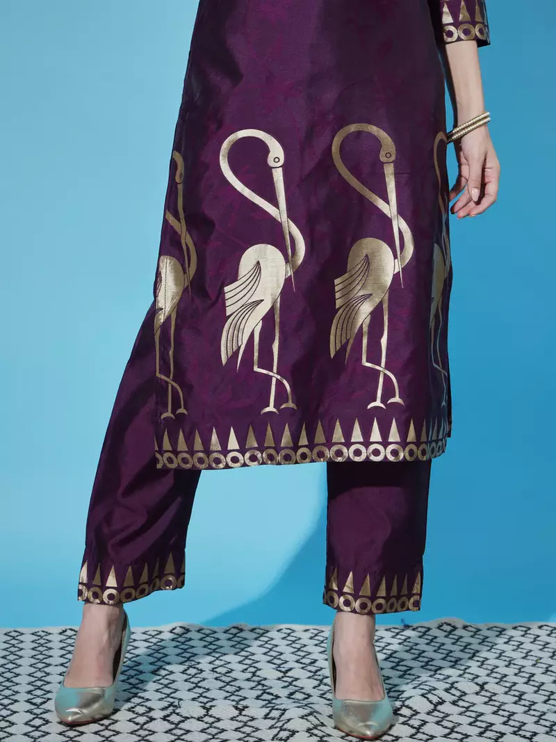 Floral printed cotton silk round neck kurta trouser & dupatta set