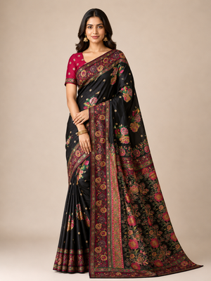 black embroidery flower border with minakari jaqurad rajwada pasmina silk saree 1