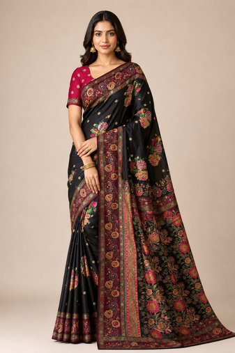 black embroidery flower border with minakari jaqurad rajwada pasmina silk saree