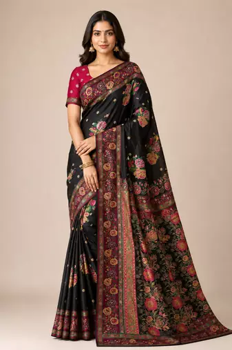 black embroidery flower border with minakari jaqurad rajwada pasmina silk saree