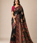 black embroidery flower border with minakari jaqurad rajwada pasmina silk saree