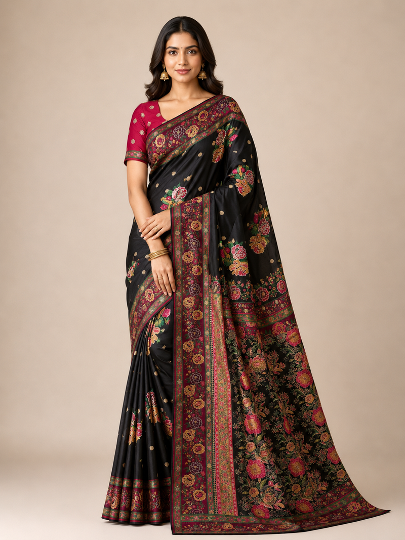 black embroidery flower border with minakari jaqurad rajwada pasmina silk saree