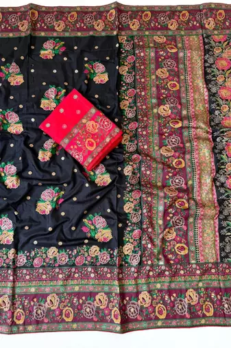 black embroidery flower border with minakari jaqurad rajwada pasmina silk saree