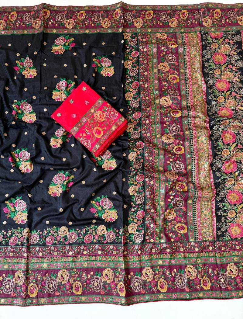 black embroidery flower border with minakari jaqurad rajwada pasmina silk saree