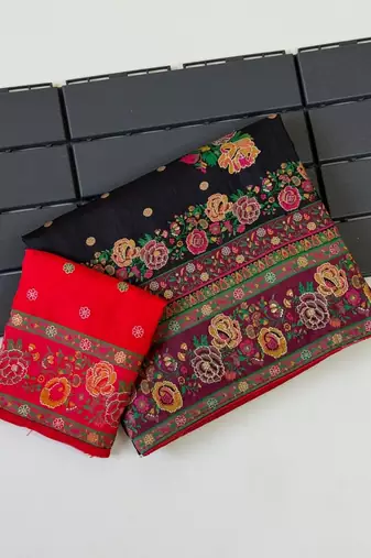 black embroidery flower border with minakari jaqurad rajwada pasmina silk saree