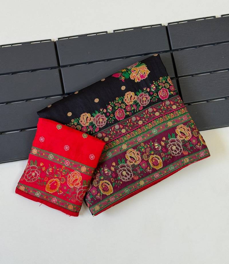 black embroidery flower border with minakari jaqurad rajwada pasmina silk saree