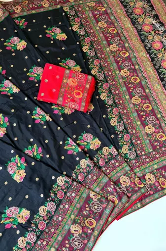 black embroidery flower border with minakari jaqurad rajwada pasmina silk saree