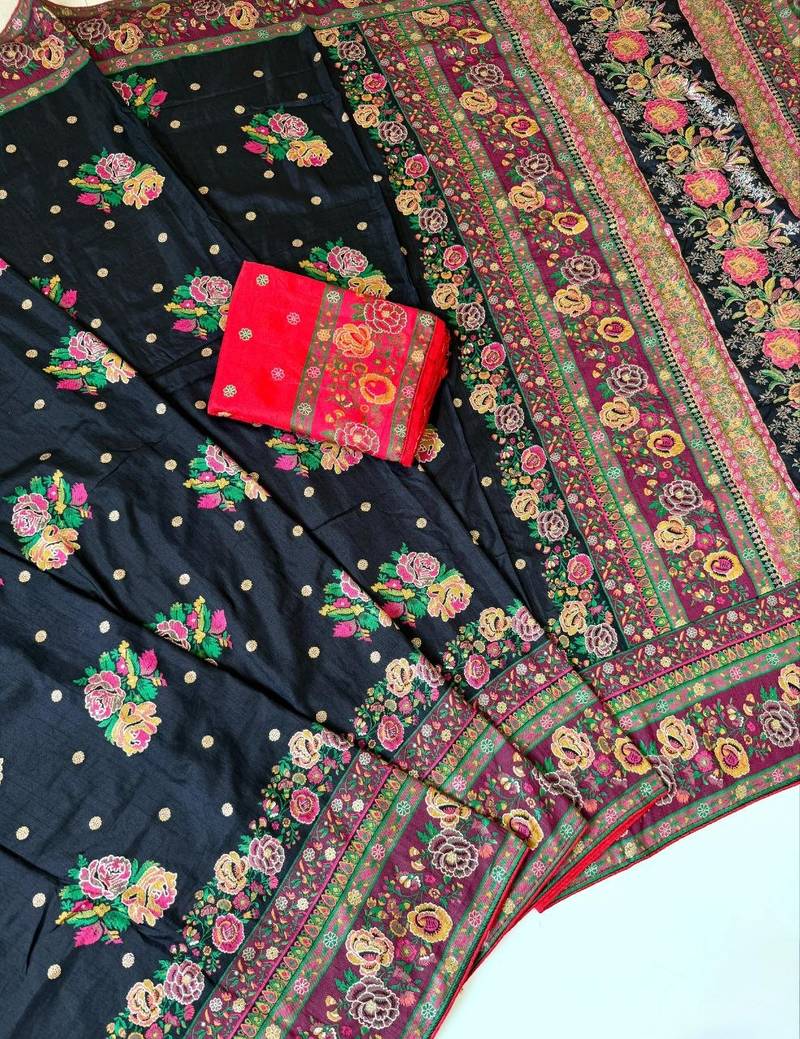 black embroidery flower border with minakari jaqurad rajwada pasmina silk saree