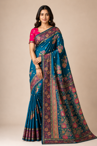 blue embroidery flower border with minakari jaqurad rajwada pasmina silk saree
